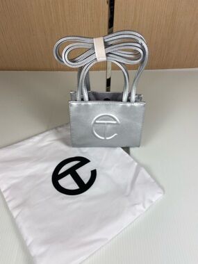 Telfar Small Shopping Bag Silver Metallic Logo Tote Crossbody NWT